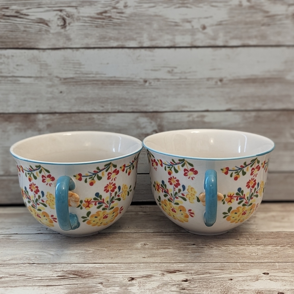 Anthropologie Hand Painted Pair Teacups Folk Floral Coffee Mug Cups - Picture 2 of 5